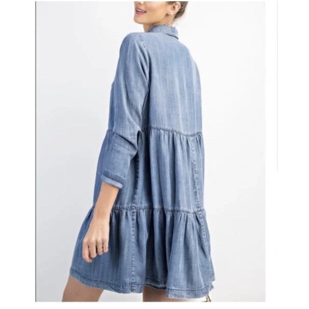 Easel Womens Babydoll Tiered Denim Dress Size Large Light Wash Cottagecore - Picture 2 of 10